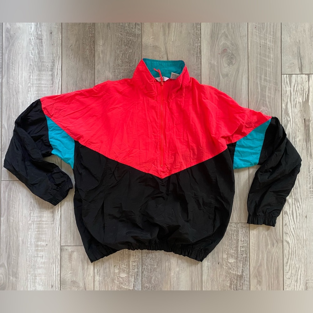 Vintage Shore Club Neon Black Nylon Windbreaker XL Half Zip Pullover 80s 90s